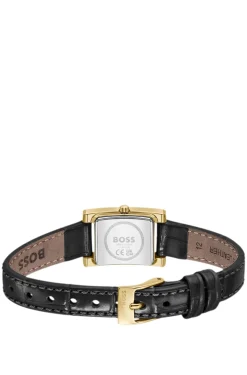 LUCY PRECIOUS Crystal-embellished black-dial watch with matching leather strap