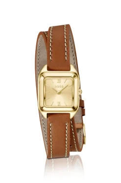 Mae Petite golden watch with double-wrap leather strap