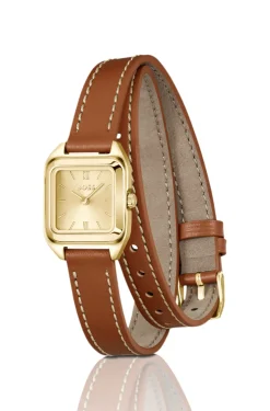 Mae Petite golden watch with double-wrap leather strap