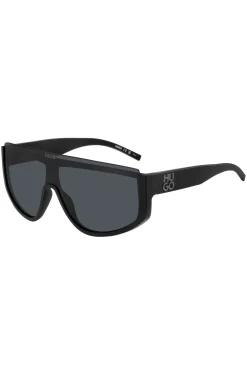 Mask-style sunglasses in black with stacked logo