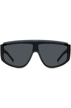 Mask-style sunglasses in black with stacked logo