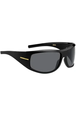 Mask-style sunglasses in black with gold-tone hardware