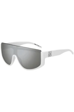 Mask-style sunglasses in white with stacked logo