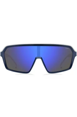 Mask-style sunglasses with blue shaded lenses