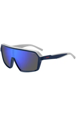 Mask-style sunglasses with blue shaded lenses