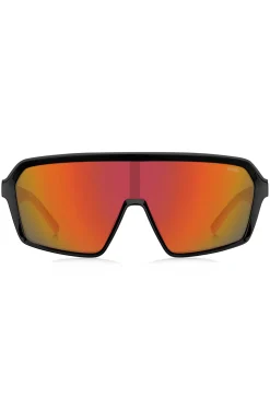 Mask-style sunglasses with red shaded lenses