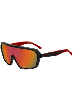 Mask-style sunglasses with red shaded lenses