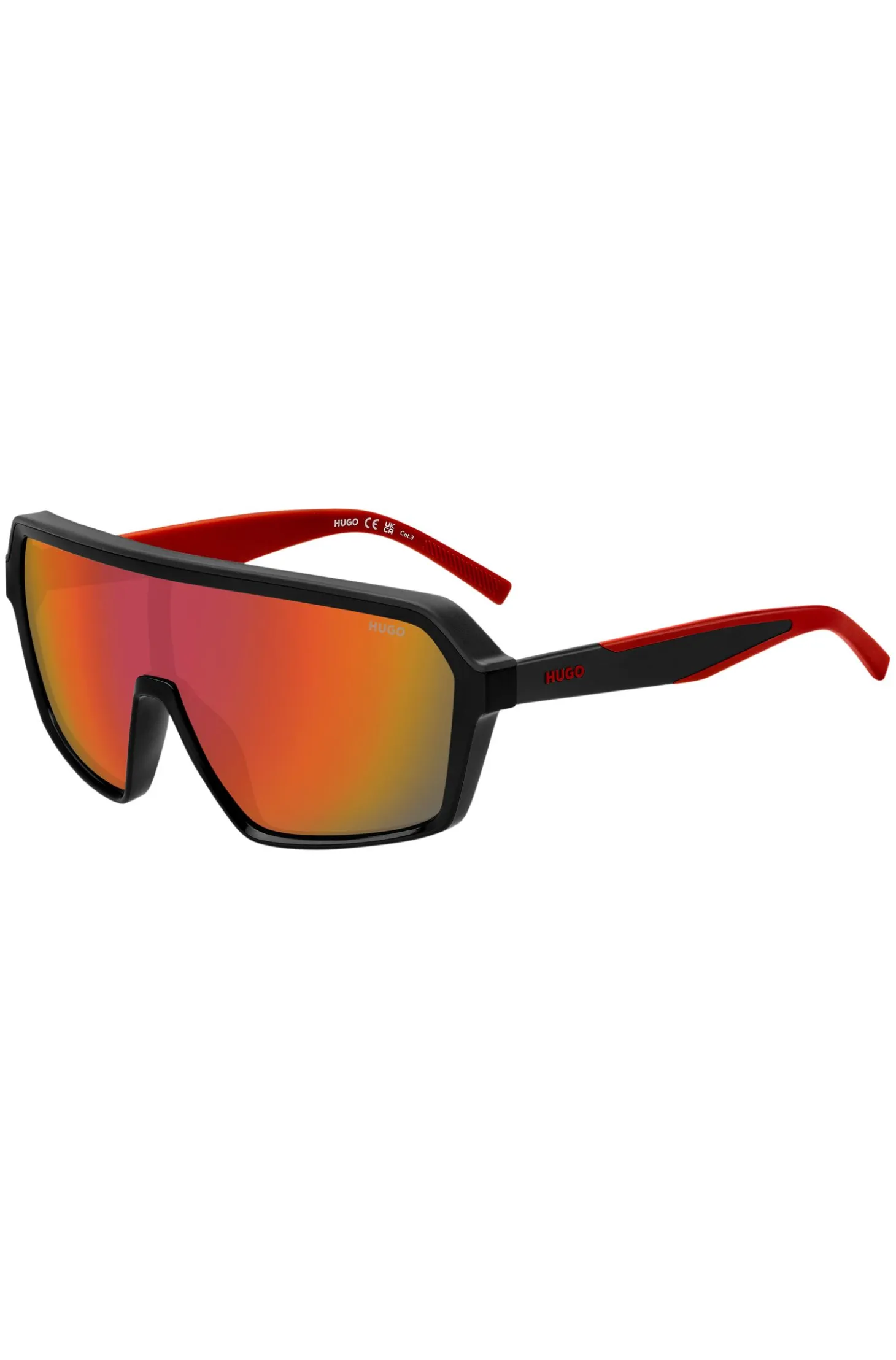 Mask-style sunglasses with red shaded lenses