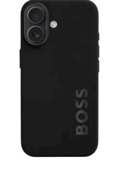 Matte-black iPhone 16 case with embossed logo