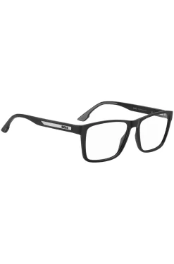 Matte-black optical frames with logo plaque