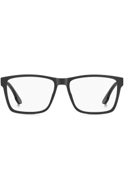 Matte-black optical frames with logo plaque