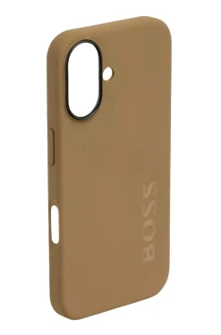 Matte camel-toned iPhone 16 case with embossed logo