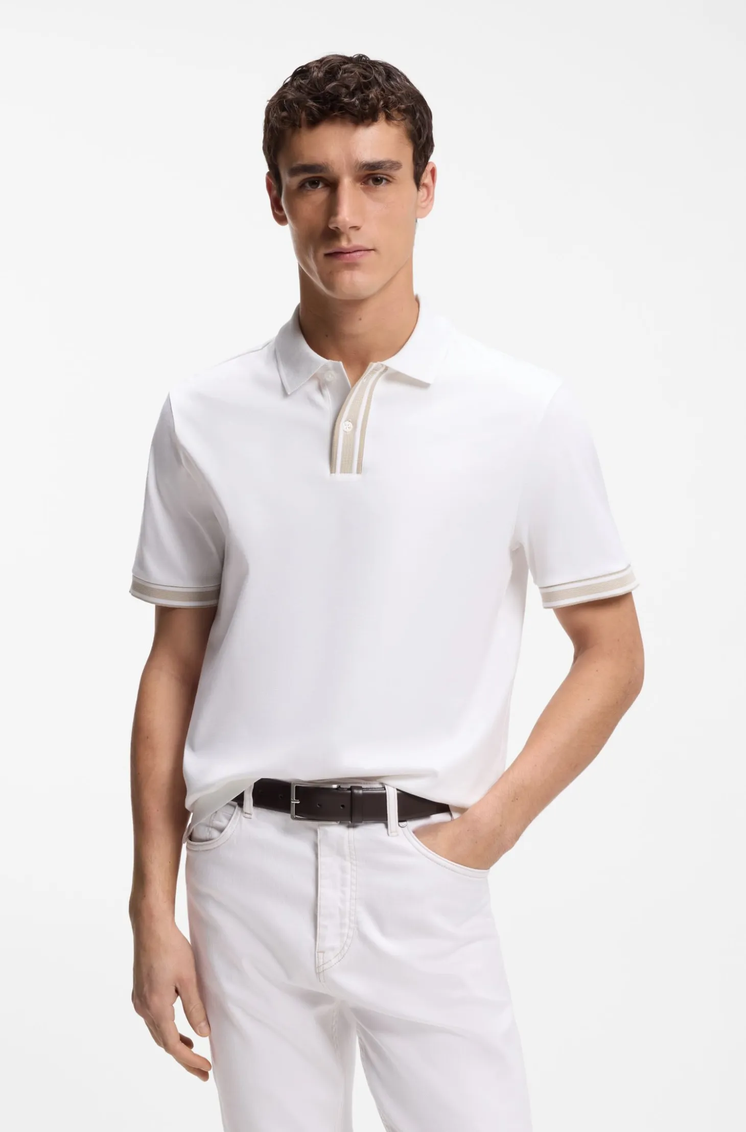 Mercerised-cotton polo shirt with striped trims