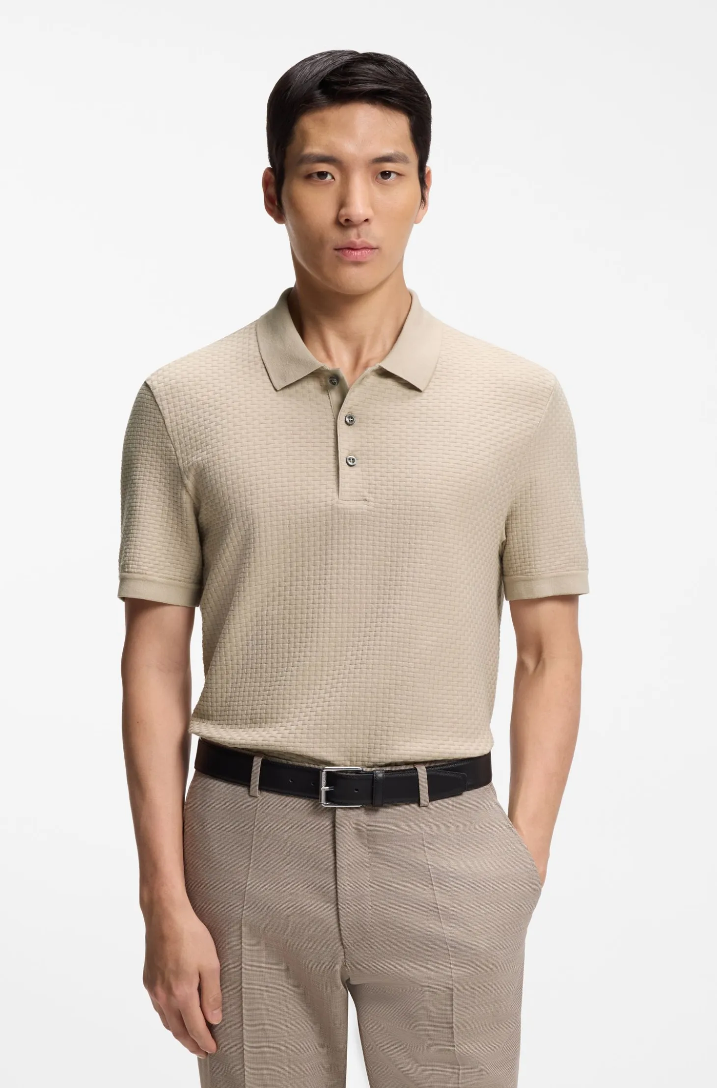 Mercerised-cotton polo shirt with basket weave