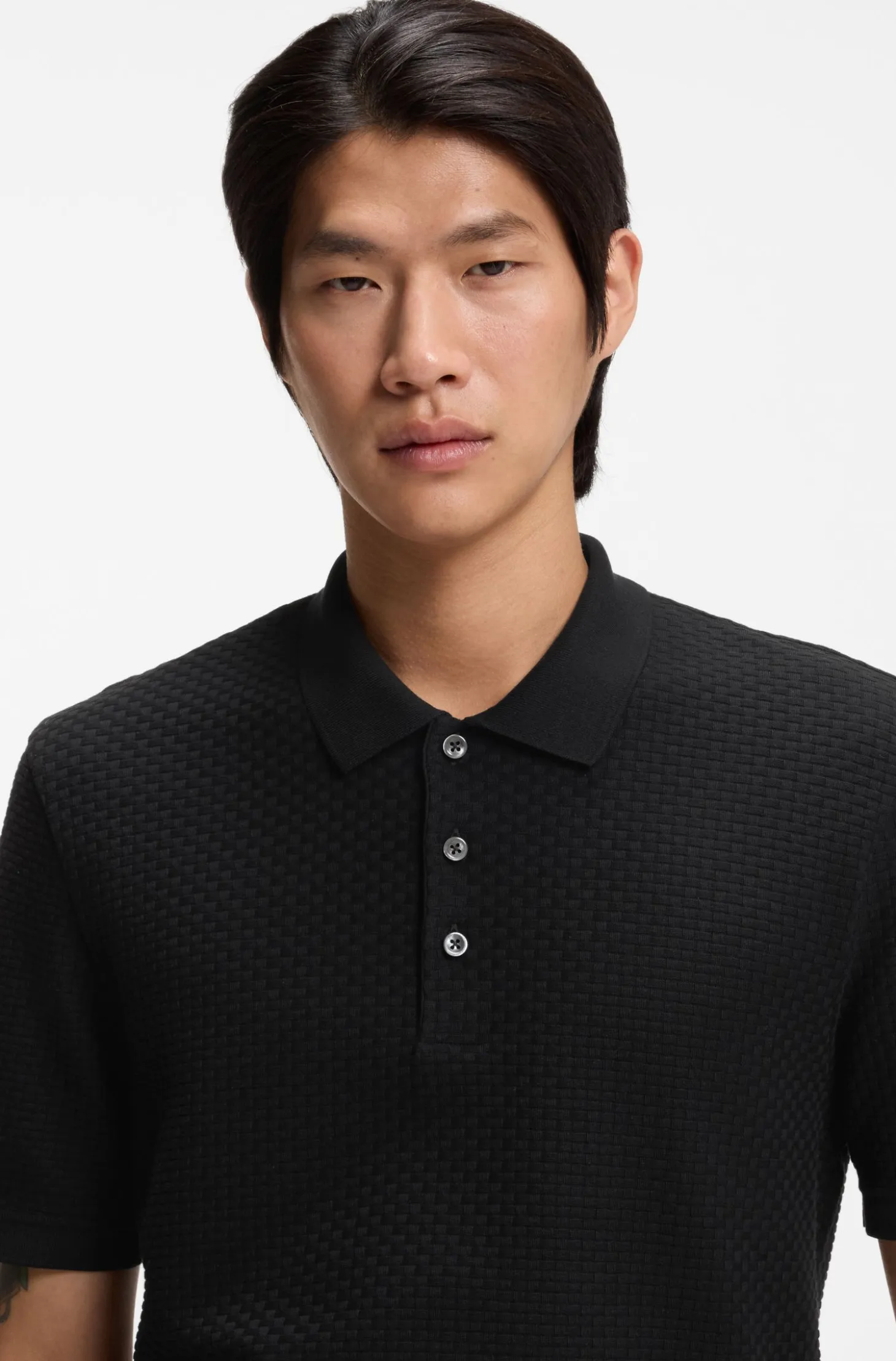 Mercerised-cotton polo shirt with basket weave