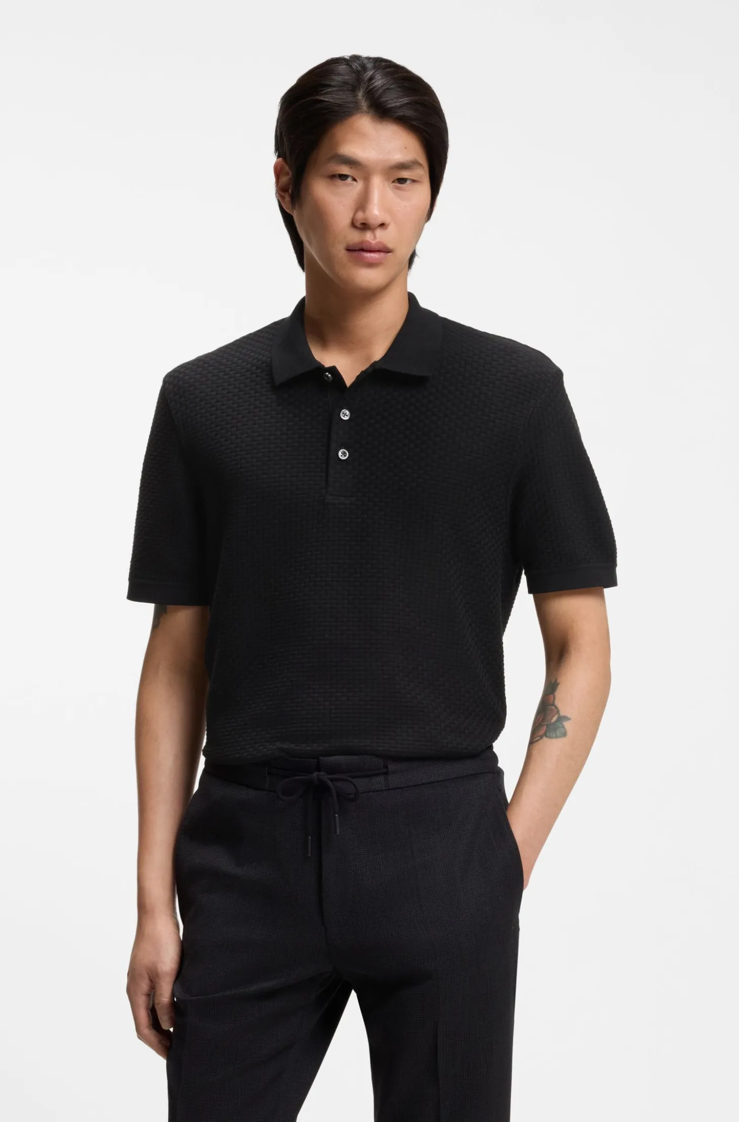 Mercerised-cotton polo shirt with basket weave