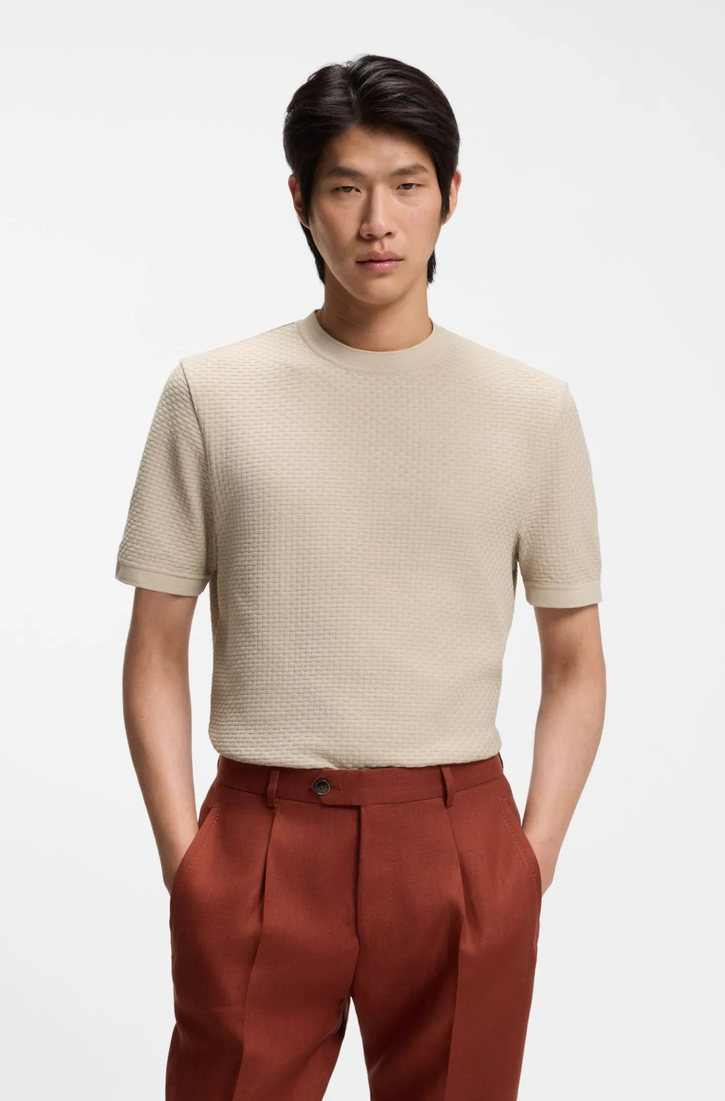 Mercerised-cotton T-shirt with basket weave
