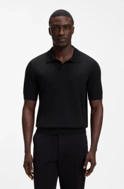 Merino-wool knit polo with Johnny collar