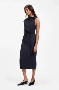 Midi-length dress with gathered shoulder detail