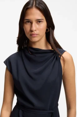 Midi-length dress with gathered shoulder detail