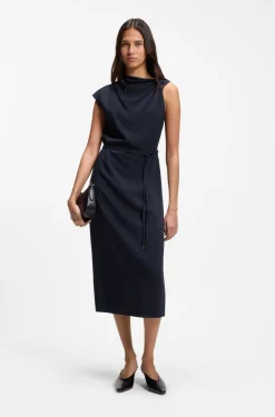 Midi-length dress with gathered shoulder detail