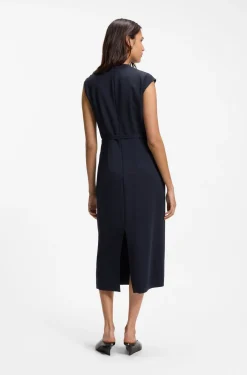 Midi-length dress with gathered shoulder detail