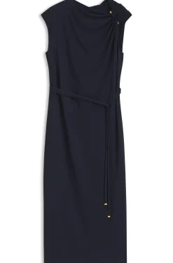 Midi-length dress with gathered shoulder detail