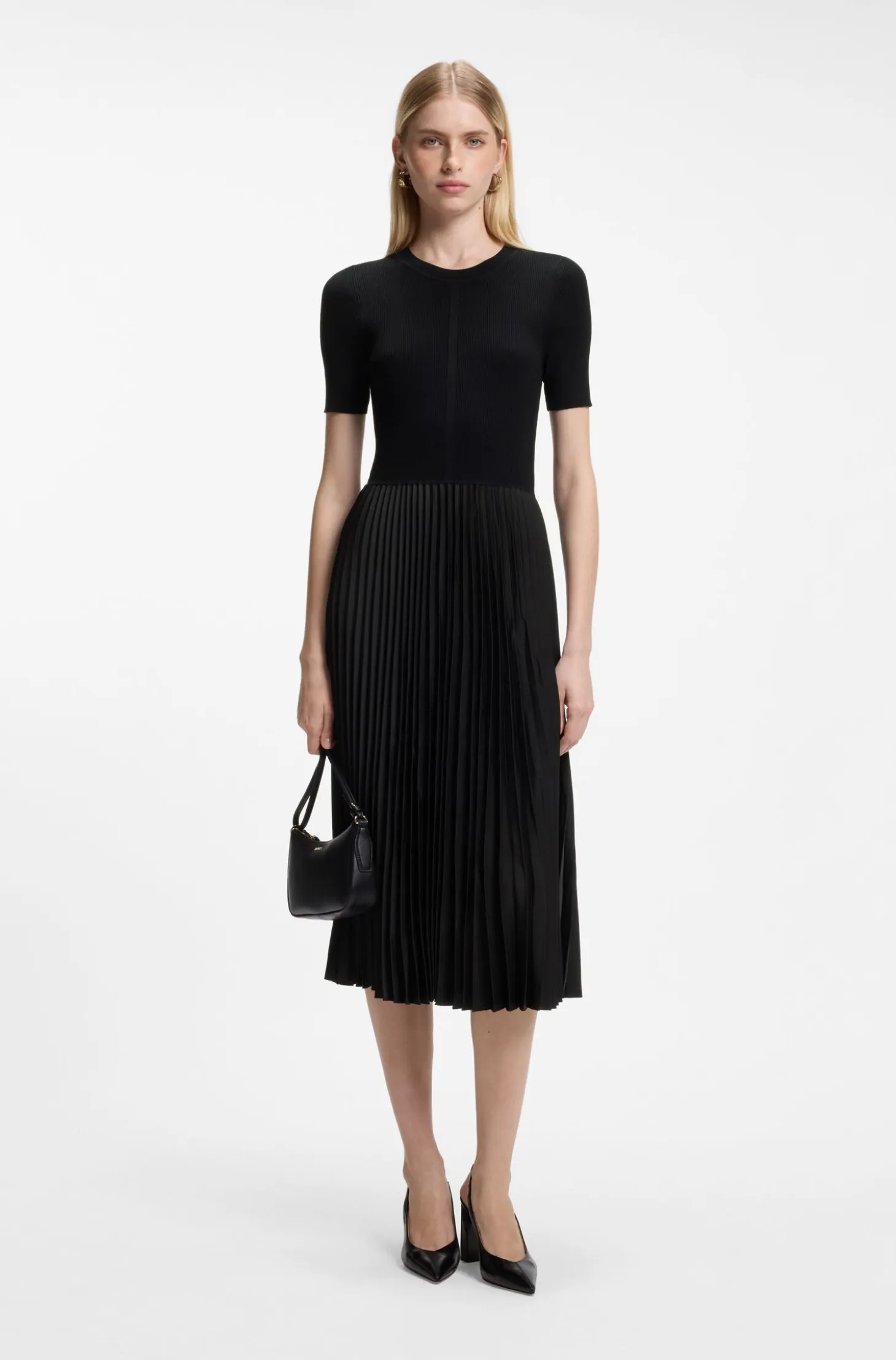 Mixed-material dress with plissé skirt
