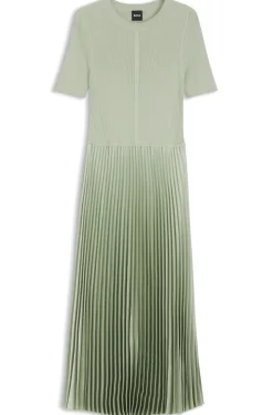 Mixed-material dress with plissé skirt
