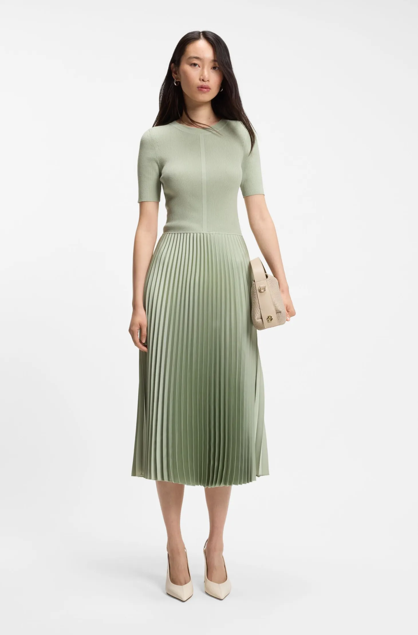 Mixed-material dress with plissé skirt