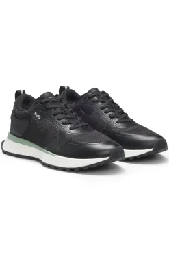 Mixed-material trainers with mesh details and branding
