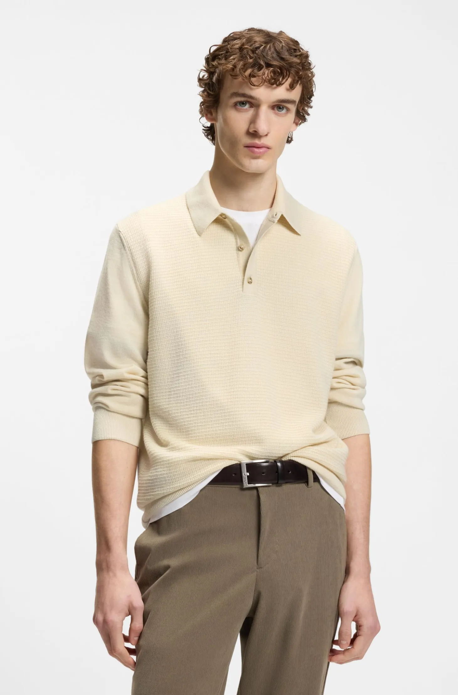 Mixed-structure knit polo in a wool blend