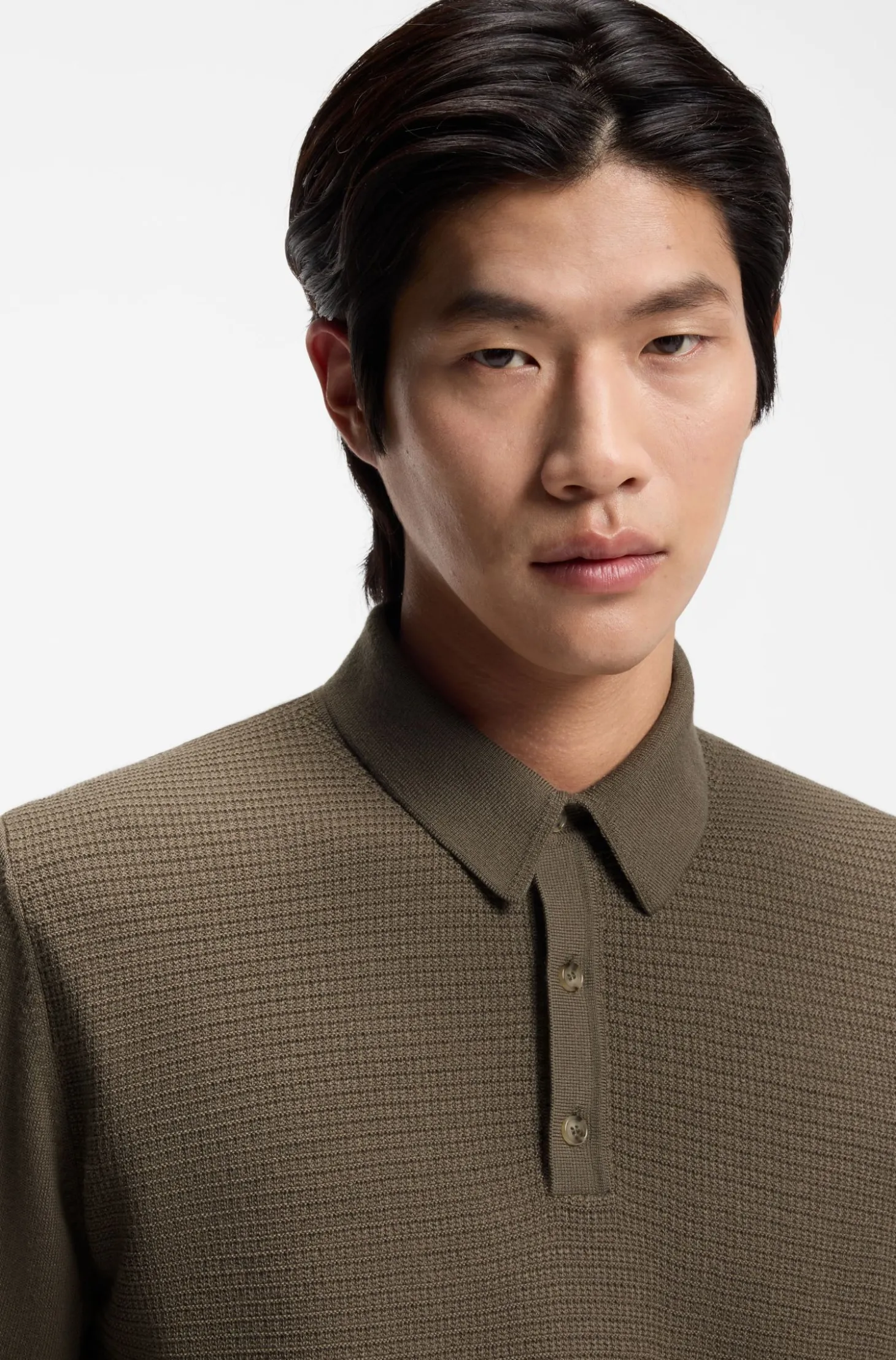 Mixed-structure knit polo in a wool blend