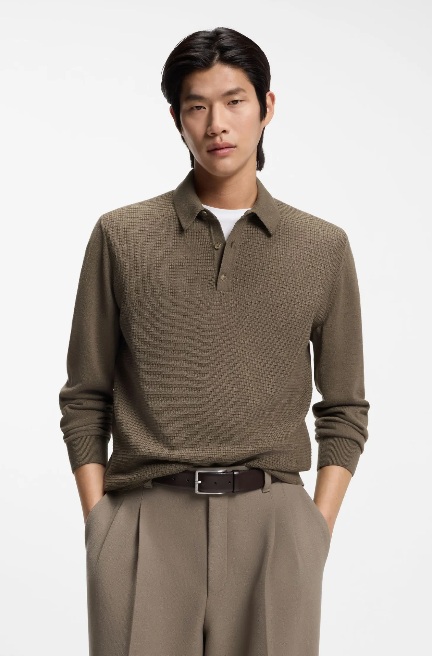 Mixed-structure knit polo in a wool blend