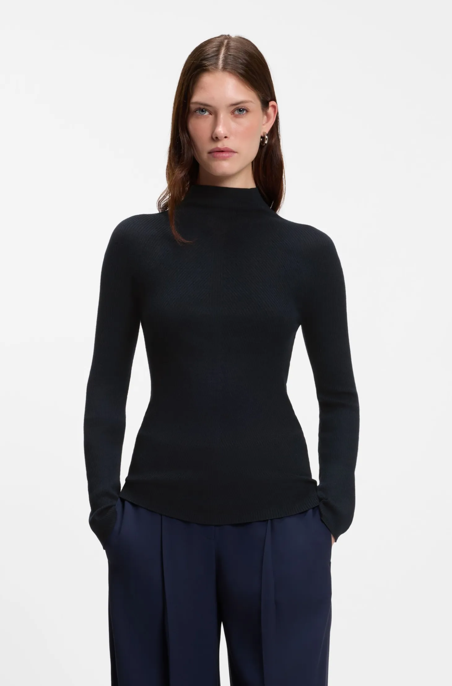Mock-neck sweater in ribbed merino wool