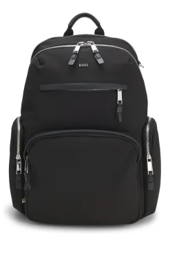 Multi-pocket backpack with leather trims