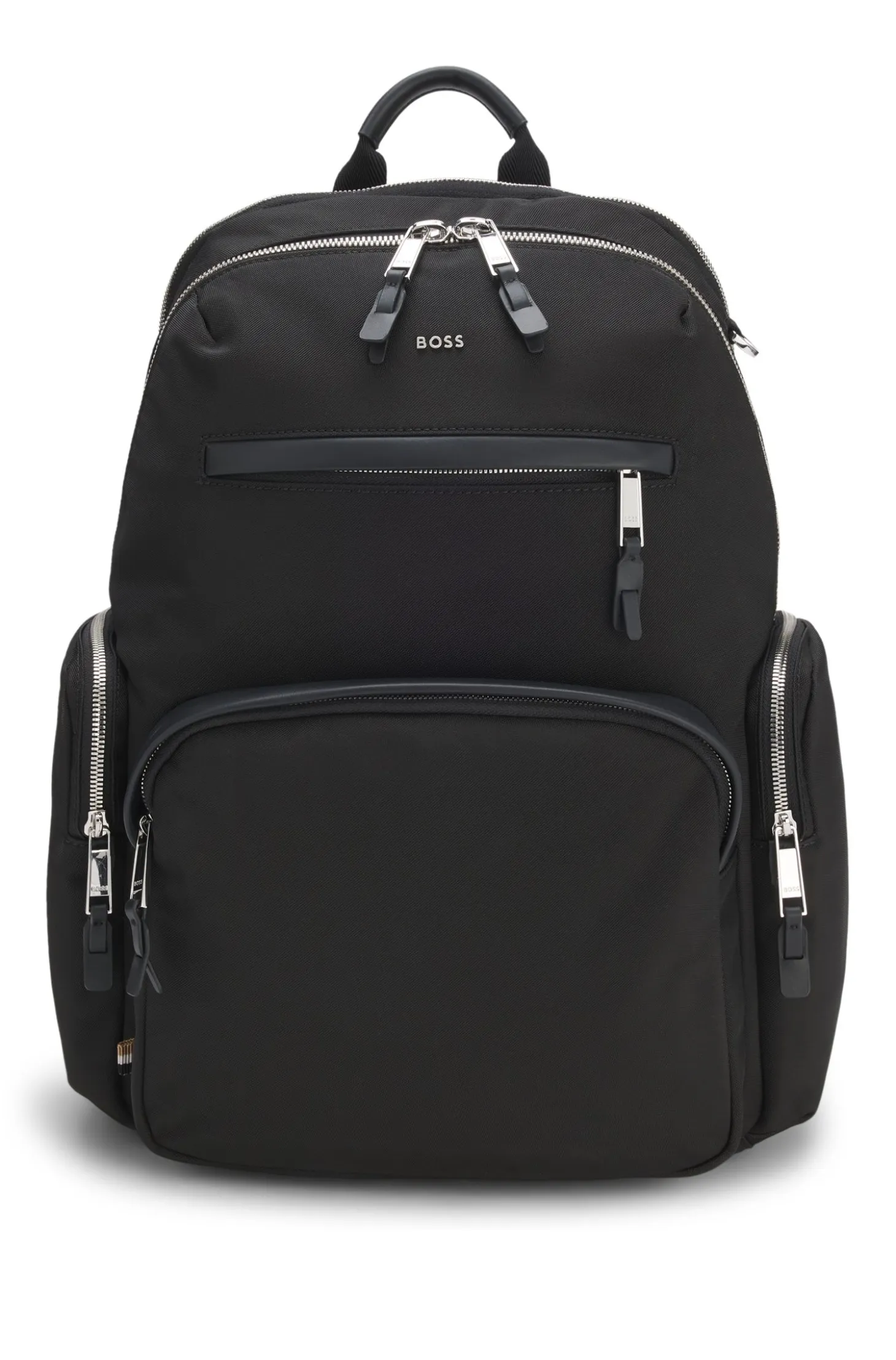 Multi-pocket backpack with leather trims