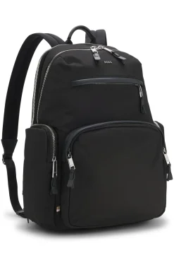 Multi-pocket backpack with leather trims
