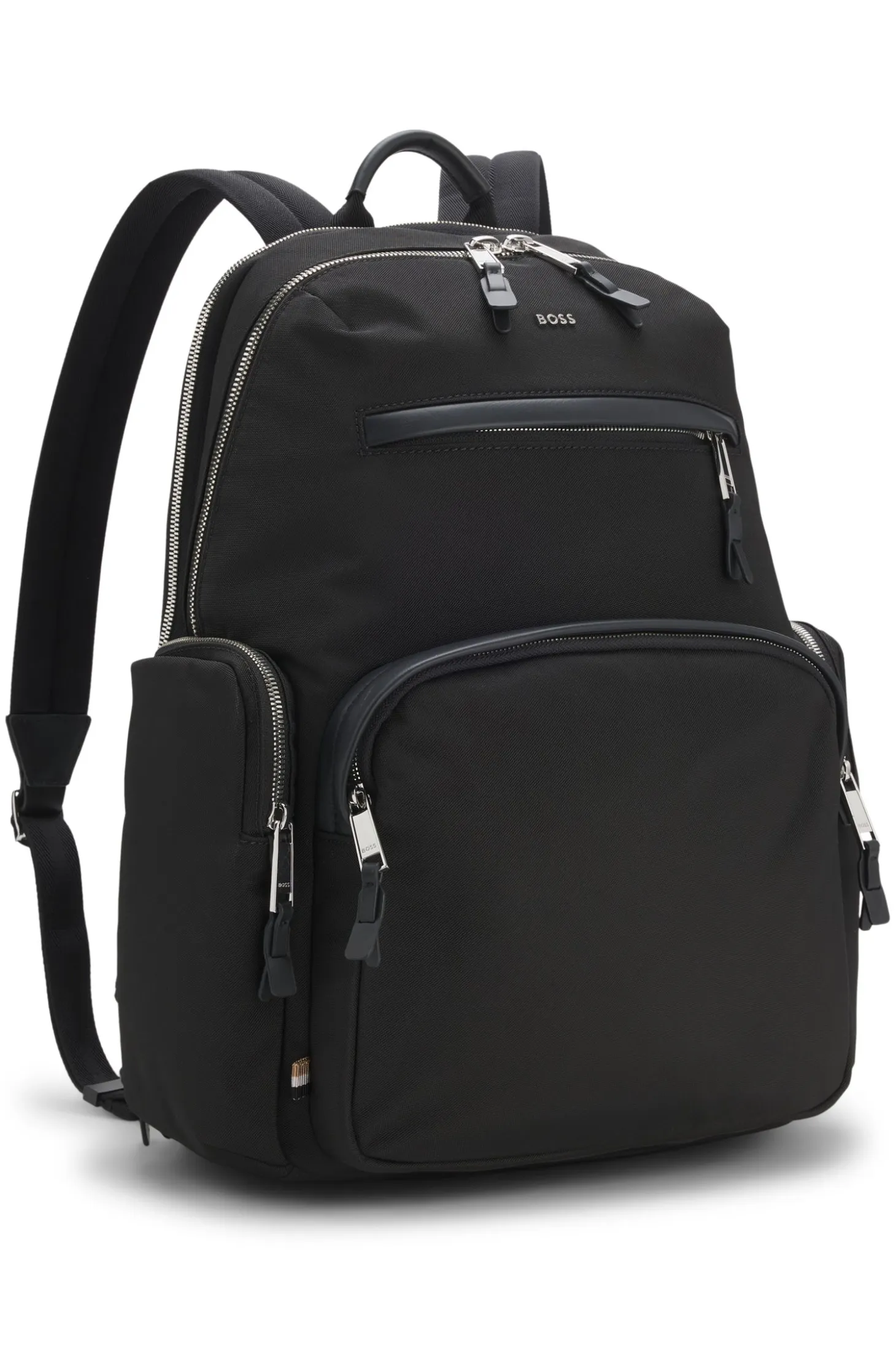 Multi-pocket backpack with leather trims