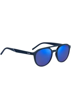 Navy-acetate sunglasses with blue lenses and patterned temples