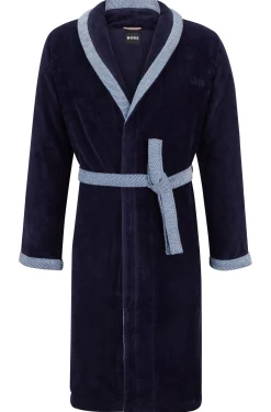 Navy cotton-velvet dressing gown with embroidered logo