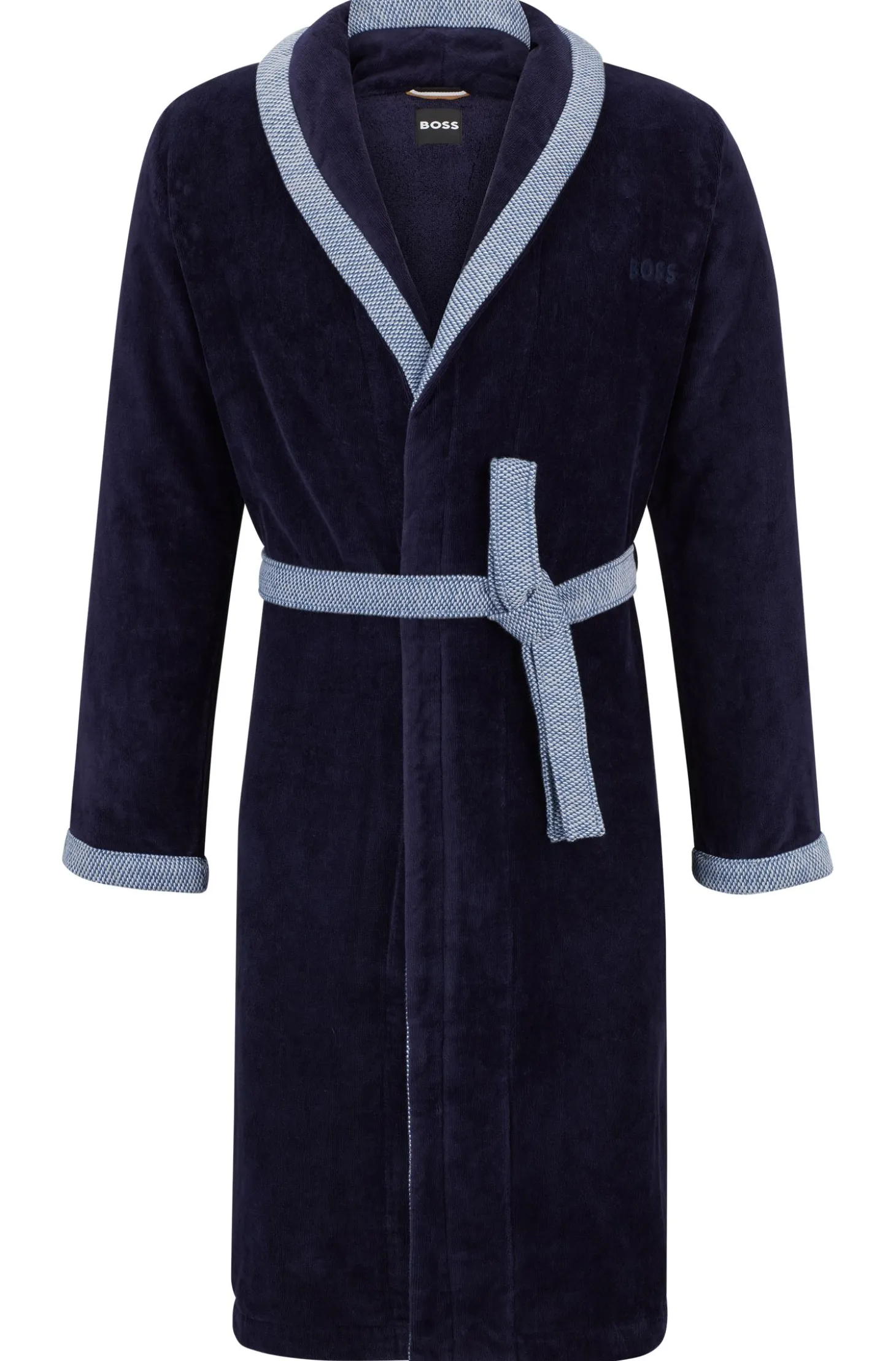 Navy cotton-velvet dressing gown with embroidered logo