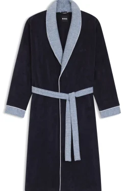 Navy cotton-velvet dressing gown with textured trims