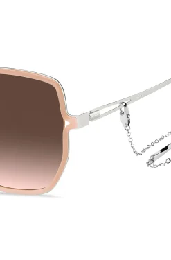 Nude-frame sunglasses with forked temples and branded chain