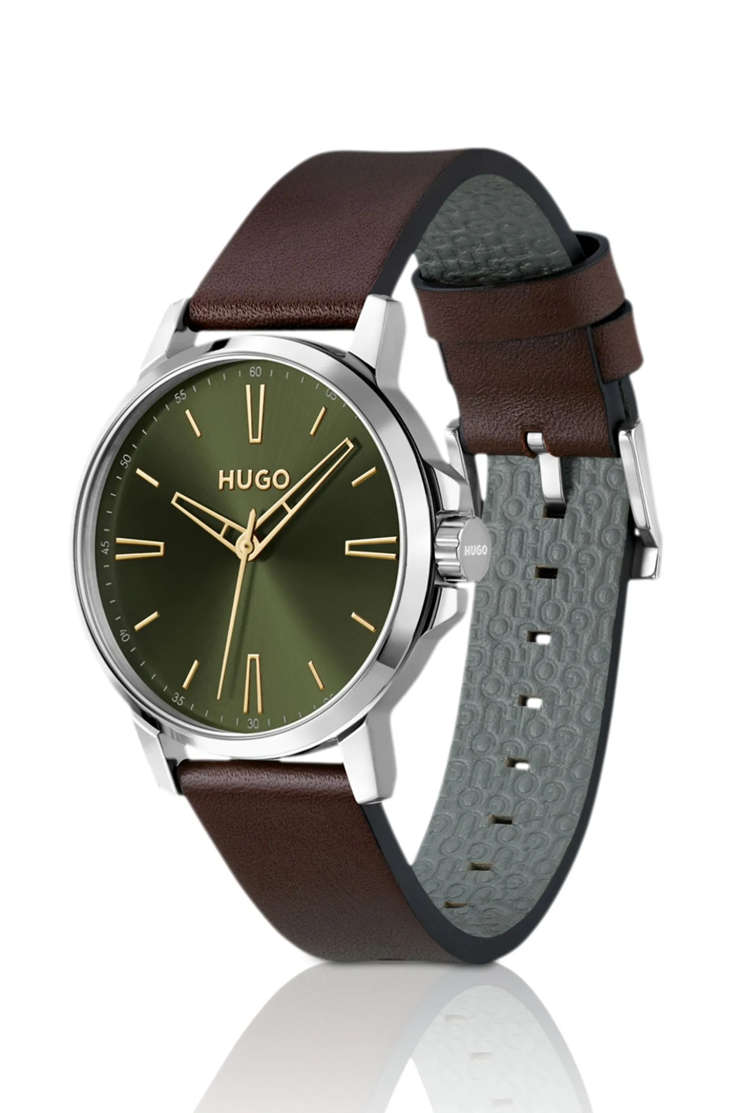 Olive-dial watch with brown leather strap