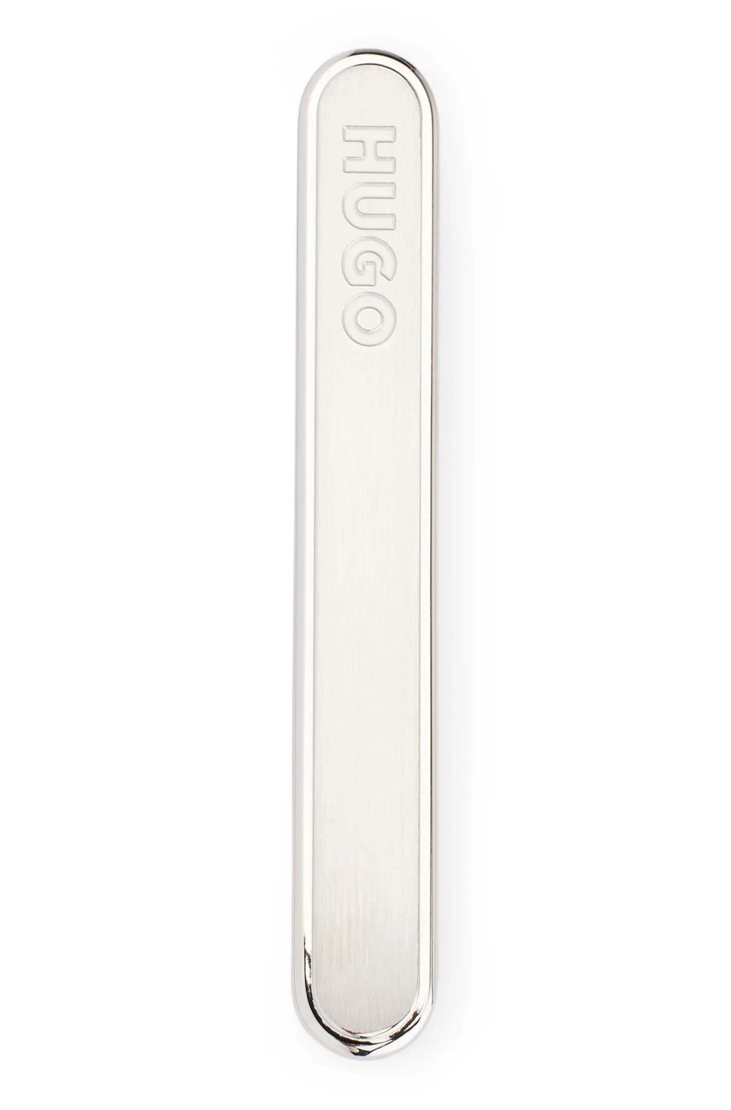 Oval-shaped tie clip with engraved logo