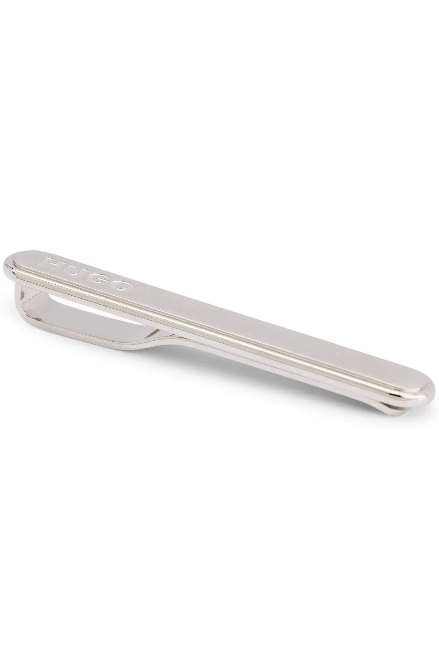 Oval-shaped tie clip with engraved logo