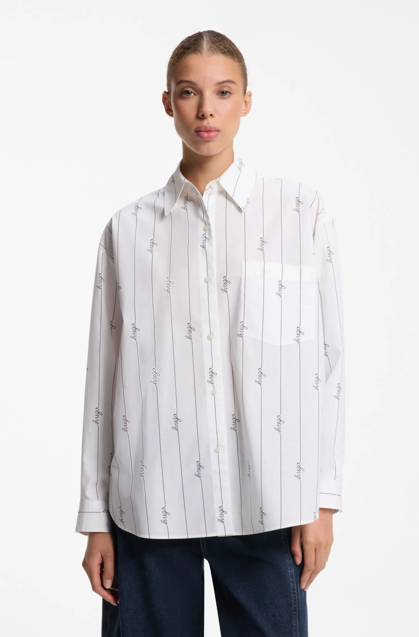 Oversized-fit blouse in cotton poplin with script logos