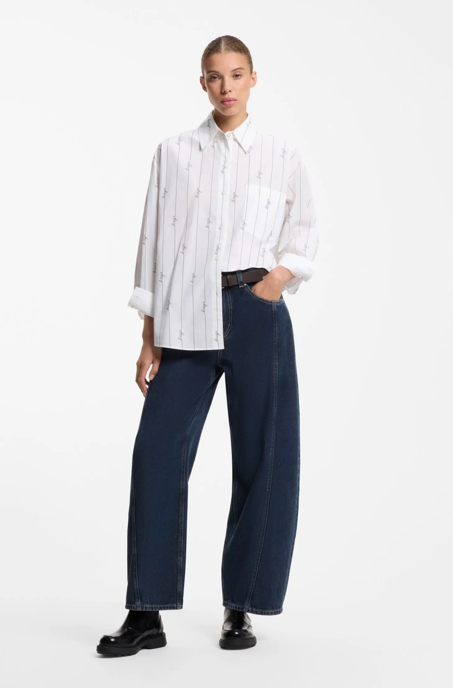 Oversized-fit blouse in cotton poplin with script logos