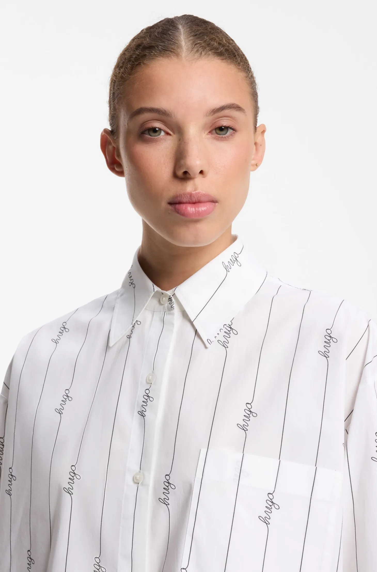 Oversized-fit blouse in cotton poplin with script logos